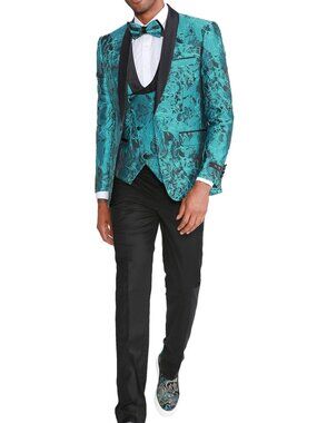 Turquoise Floral Satin Shawl Lapel 3 Piece Fashion Men's Suit With Bowtie
